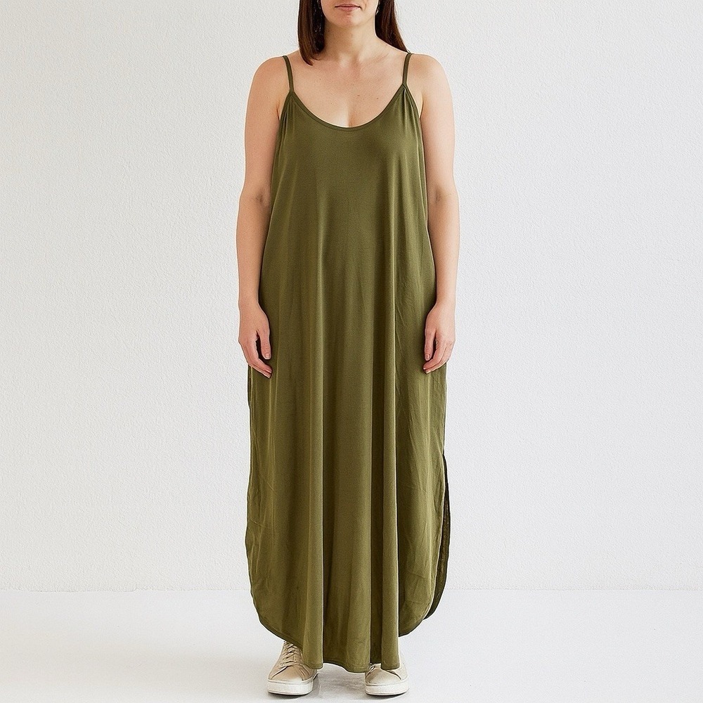 Olive Green Maxi Sundress Pockets Size M Medium Oversized Boho Casual Lagenlook